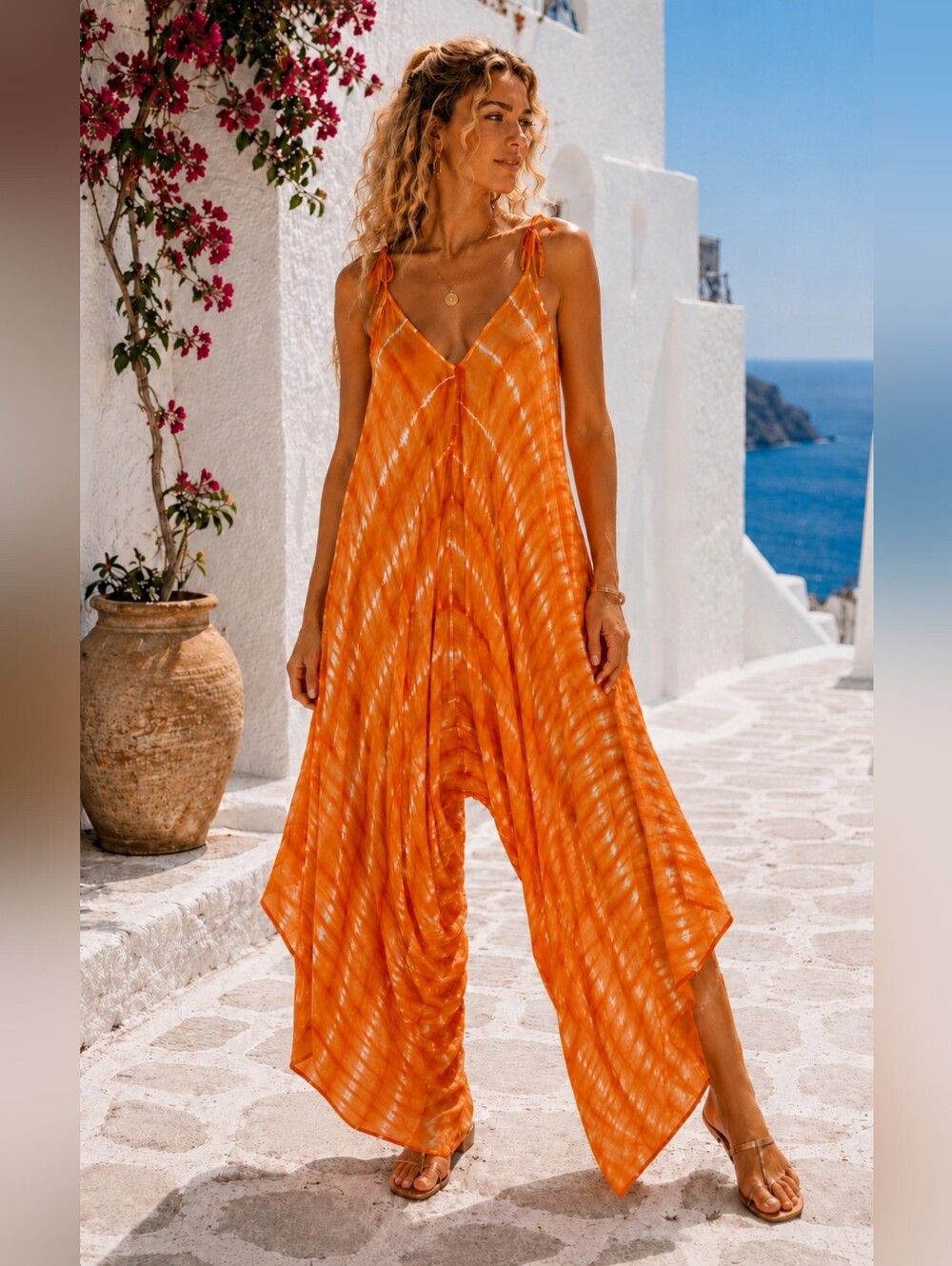 Women's Orange Tie Dye Wide Leg Harem Jumpsuit Boho Resort Vacation One Size